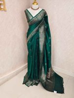 Tussar banarasi with tree like buttas and floral pattern on border - Image 12