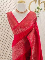 Tussar banarasi with tree like buttas and floral pattern on border - Image 19