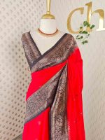 Tussar Banarasi with flower buttas on the body and big leaf design contrast border - Image 16