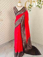 Tussar Banarasi with flower buttas on the body and big leaf design contrast border - Image 18