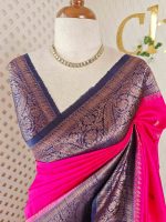 Tussar Banarasi with flower buttas on the body and big leaf design contrast border - Image 14