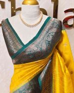 Tussar Banarasi with flower buttas on the body and big leaf design contrast border - Image 8