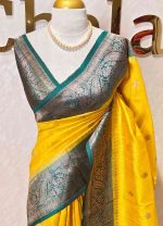 Tussar Banarasi with flower buttas on the body and big leaf design contrast border - Image 7