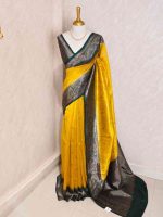 Tussar Banarasi with flower buttas on the body and big leaf design contrast border - Image 9