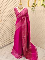 Tussar Banarasi with flower buttas on the body and big leaf design self border - Image 9