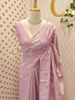 Tissue silk saree with petal like applique work design and buttas scattering - Image 4