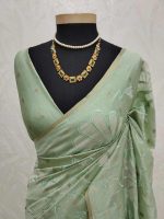 Tissue silk saree with petal like applique work design and buttas scattering - Image 8