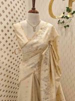 Tissue silk saree with large floral thread and applique work border - Image 10