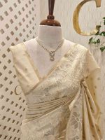 Tissue silk saree with large floral thread and applique work border - Image 11