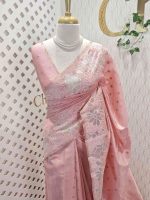 Tissue silk saree with large floral thread and applique work border