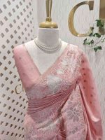 Tissue silk saree with large floral thread and applique work border - Image 2