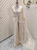 Tissue silk saree with large floral thread and applique work border - Image 9