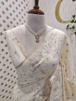 Tissue silk saree with large floral thread and applique work border - Image 8