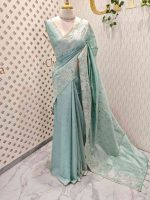 Tissue silk saree with large floral thread and applique work border - Image 6