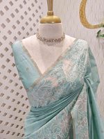 Tissue silk saree with large floral thread and applique work border - Image 5