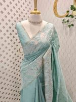 Tissue silk saree with large floral thread and applique work border - Image 4