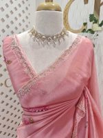 Tissue saree with contrast bundle like floral motifs and small leafs along with sequins and cut beads - Image 5