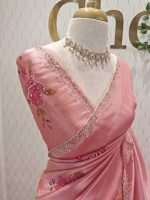 Tissue saree with contrast bundle like floral motifs and small leafs along with sequins and cut beads - Image 6
