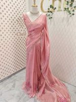 Tissue saree with contrast bundle like floral motifs and small leafs along with sequins and cut beads - Image 7