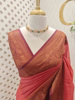 Tissue silk with micro check woven body and contrast floral border - Image 14