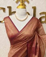 Tissue silk with micro check woven body and contrast floral border - Image 20