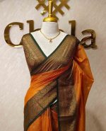 Tissue silk with micro check woven body and contrast floral border - Image 25