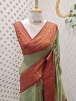 Tissue silk with micro check woven body and contrast floral border - Image 10