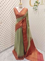 Tissue silk with micro check woven body and contrast floral border - Image 12