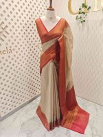 Tissue silk with micro check woven body and contrast floral border - Image 9