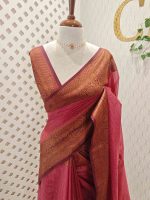 Tissue silk with micro check woven body and contrast floral border - Image 4