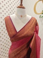 Tissue silk with micro check woven body and contrast floral border - Image 5