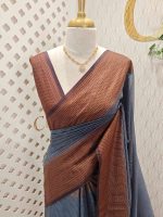 Tissue silk with micro check body and zig zag like pattern border - Image 13
