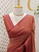 Tissue silk with micro check body and zig zag like pattern border - Image 11