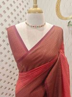 Tissue silk with micro check body and zig zag like pattern border - Image 8