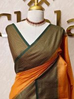 Tissue silk with micro check body and zig zag like pattern border - Image 22