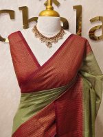 Tissue silk with micro check body and zig zag like pattern border - Image 25