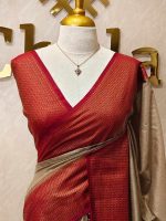 Tissue silk with micro check body and zig zag like pattern border - Image 29