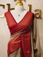 Tissue silk with micro check body and zig zag like pattern border - Image 30