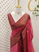 Tissue silk with micro check body and zig zag like pattern border - Image 4