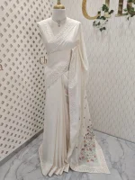 Chanderi with minimal floral embroidery across the body and chikankari - Image 3