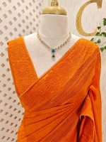 Chanderi with thread embroidery motifs allover the body and floral, lace detailed border - Image 5