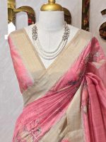 Chanderi with Lily-inspired digital prints on the bottom body and pallu with intricate aari work detailing - Image 2