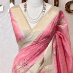Chanderi with Lily-inspired digital prints on the bottom body and pallu with intricate aari work detailing