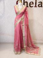 Chanderi with Lily-inspired digital prints on the bottom body and pallu with intricate aari work detailing - Image 3