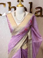 Chanderi with Lily-inspired digital prints on the bottom body and pallu with intricate aari work detailing - Image 4
