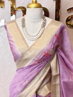 Chanderi with Lily-inspired digital prints on the bottom body and pallu with intricate aari work detailing - Image 5