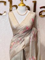 Chanderi with Lily-inspired digital prints on the bottom body and pallu with intricate aari work detailing - Image 7