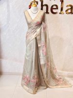 Chanderi with Lily-inspired digital prints on the bottom body and pallu with intricate aari work detailing - Image 9