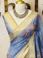 Chanderi with Lily-inspired digital prints on the bottom body and pallu with intricate aari work detailing - Image 11
