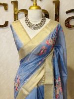 Chanderi with Lily-inspired digital prints on the bottom body and pallu with intricate aari work detailing - Image 10
